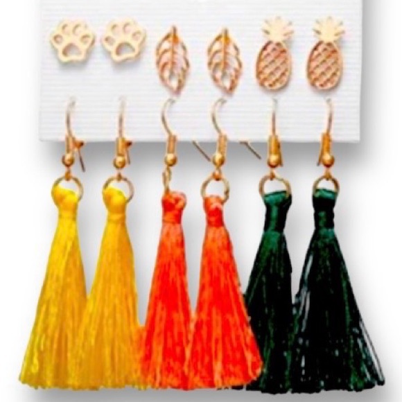 6 Pair Set of Fashion Earrings:pineapples, paw prints, palm leaf studs & tassels - Picture 6 of 7
